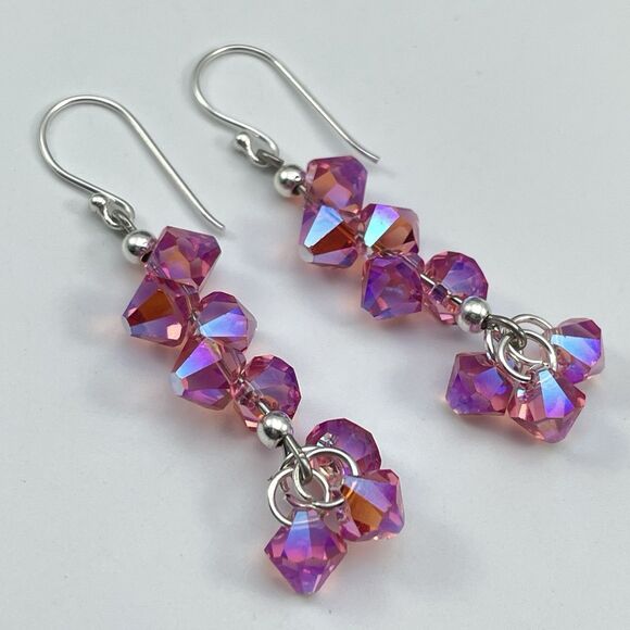 Made With Swarovski Crystal Pink AB Teardrops Sterling Silver Earrings Dangle - Picture 2 of 7